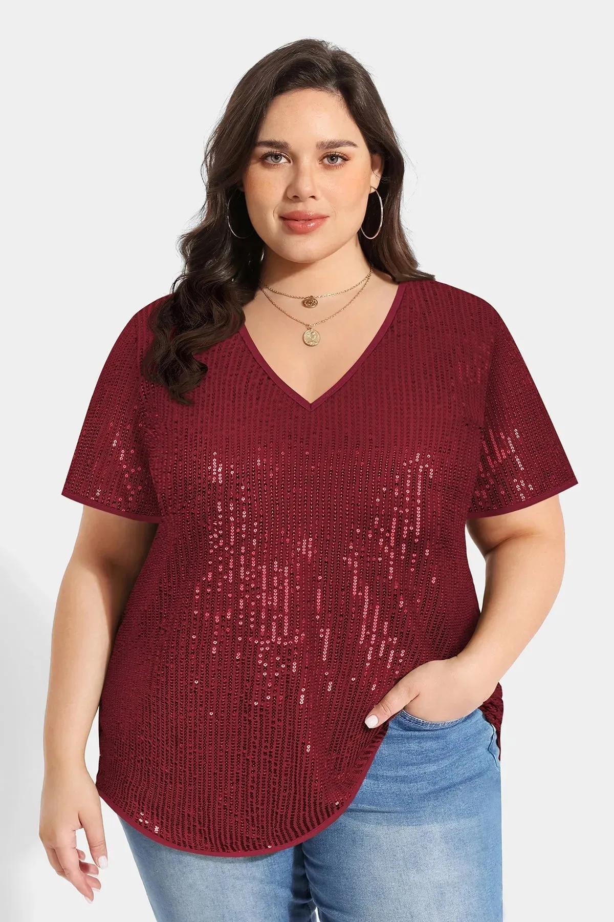 Solid Sequin Texture Fashionable T-Shirt