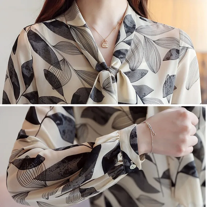 Spring Women Tops and Blouses Elegant Bow Floral Chiffon Blouse Women OL Women Long Sleeve Shirt Harajuku Vintage Blusas 8462