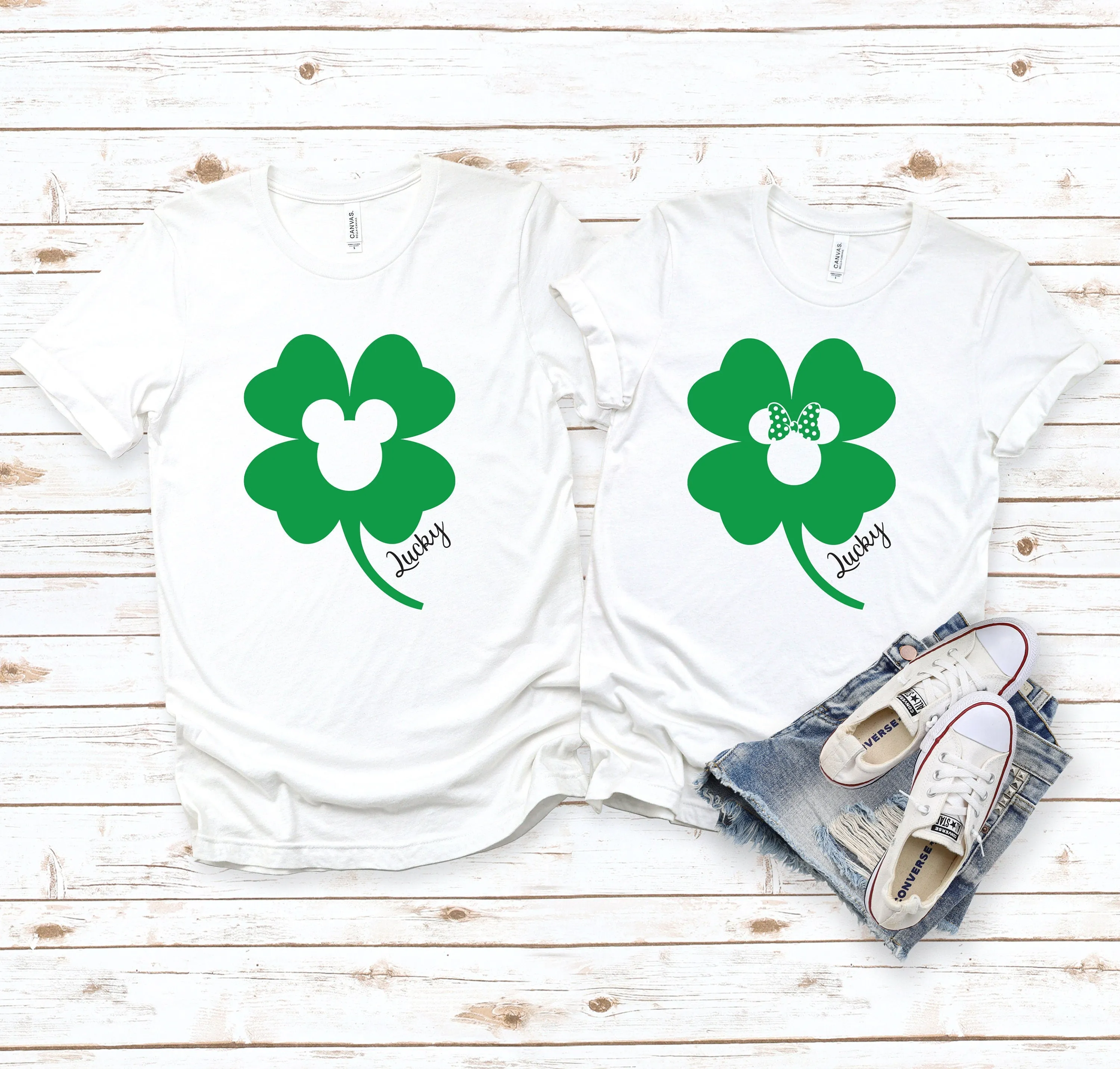 St. Patrick's Day Minnie and Mickey Lucky Clover Matching Disney Couples Shirts -Shamrock - Custom Shirts