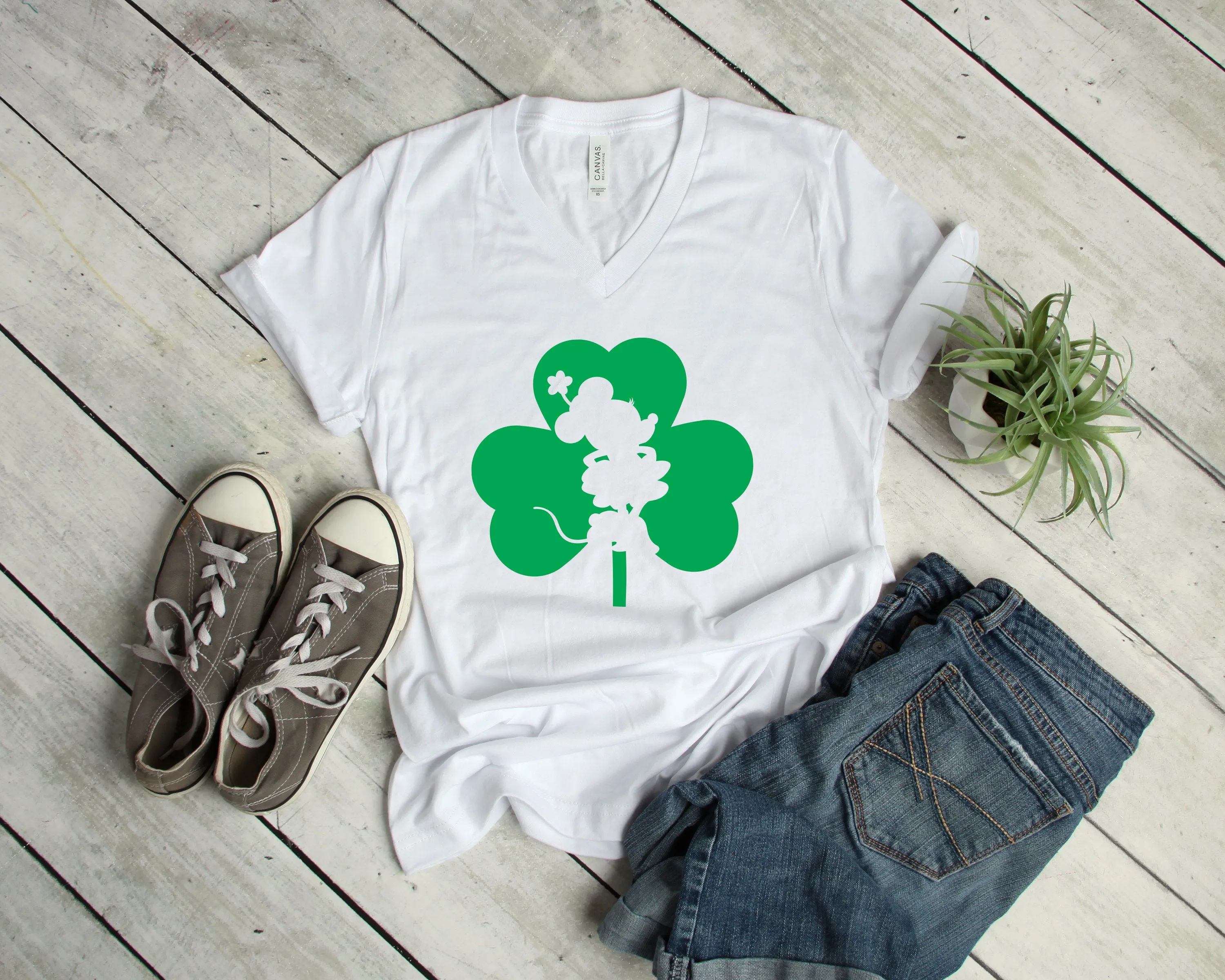 St. Patrick's Day Minnie Mouse T Shirt- Outline Silhouette inside Shamrock - Lucky Disney Minnie Shirt