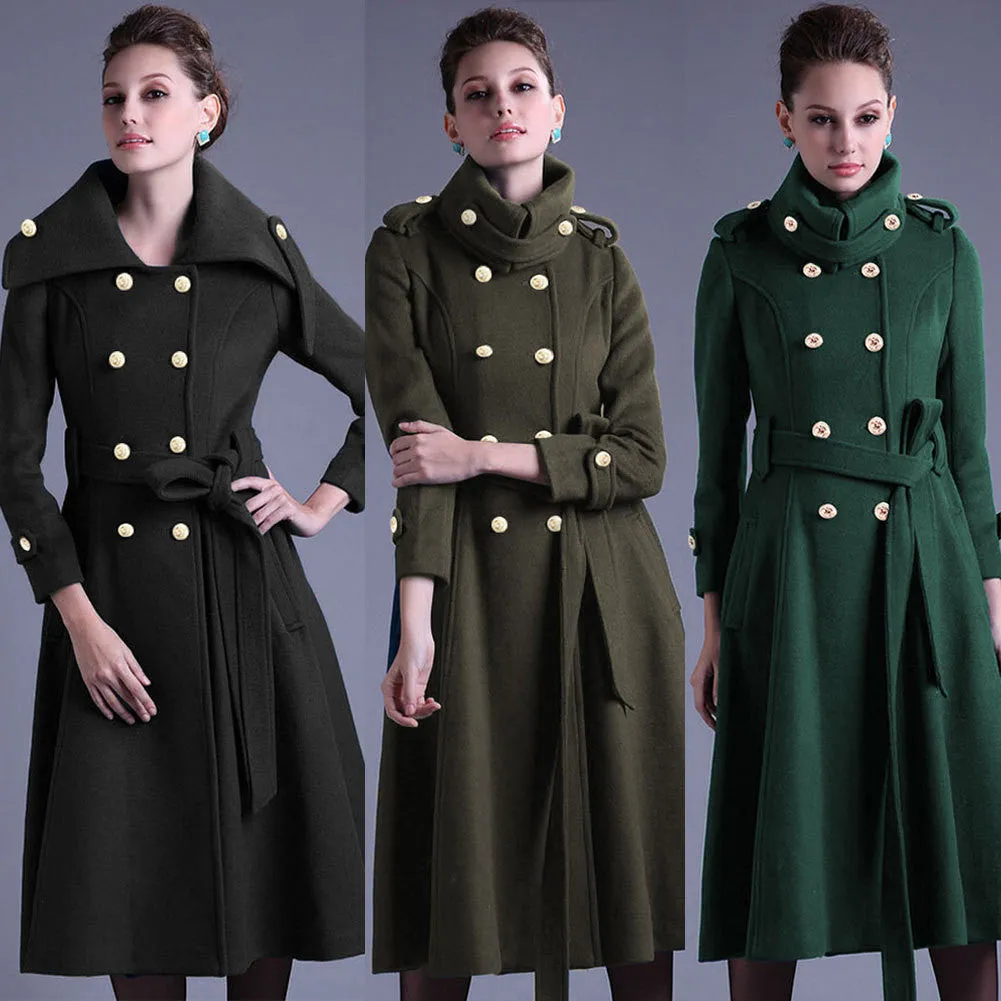 Stand Collar Button Belt Pleated Long Coat