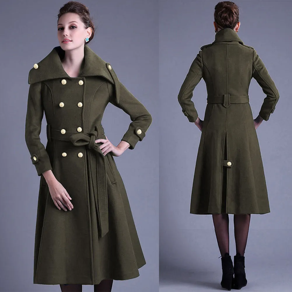 Stand Collar Button Belt Pleated Long Coat