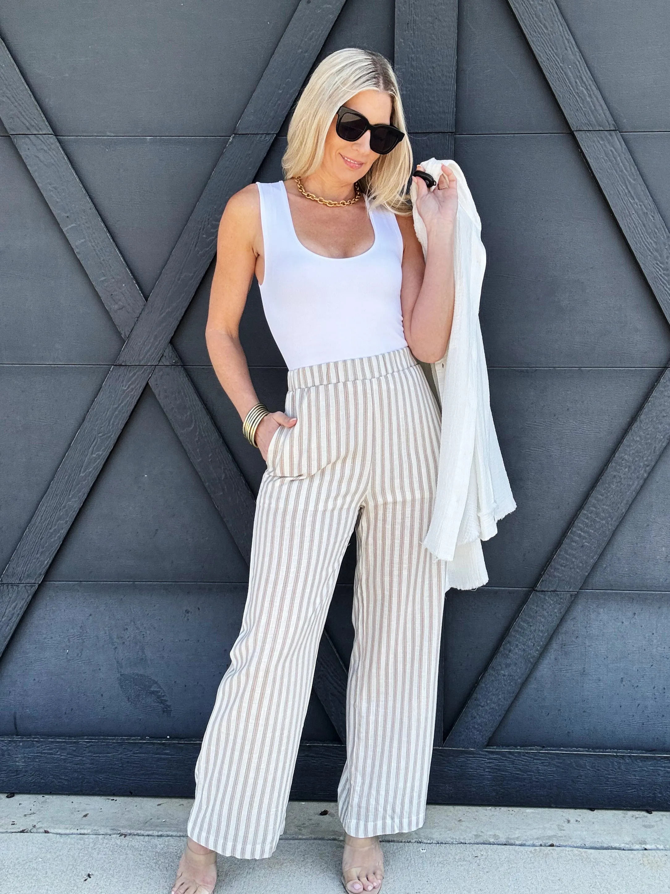 Stripe Wide Leg Pants In Khaki