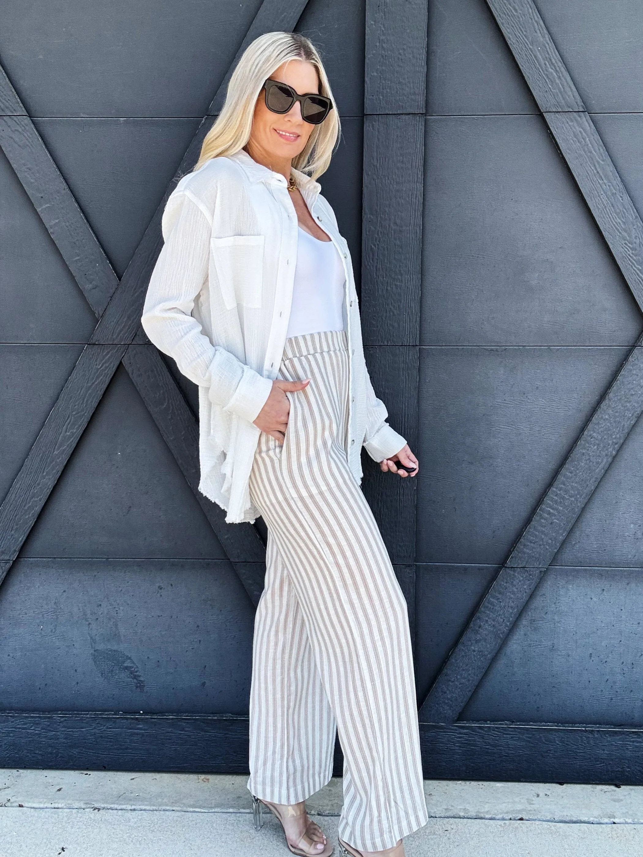 Stripe Wide Leg Pants In Khaki