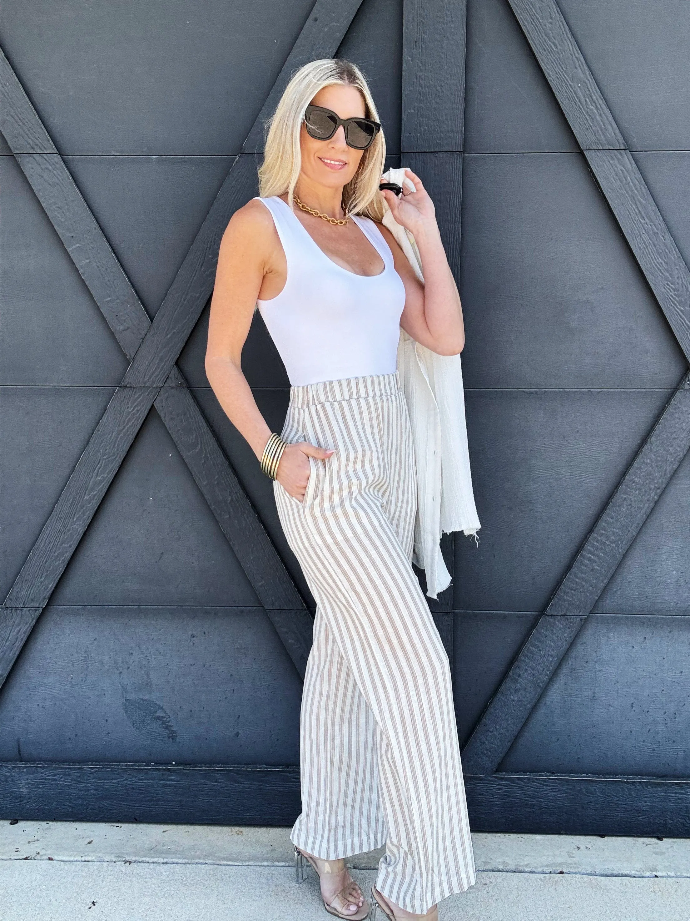 Stripe Wide Leg Pants In Khaki
