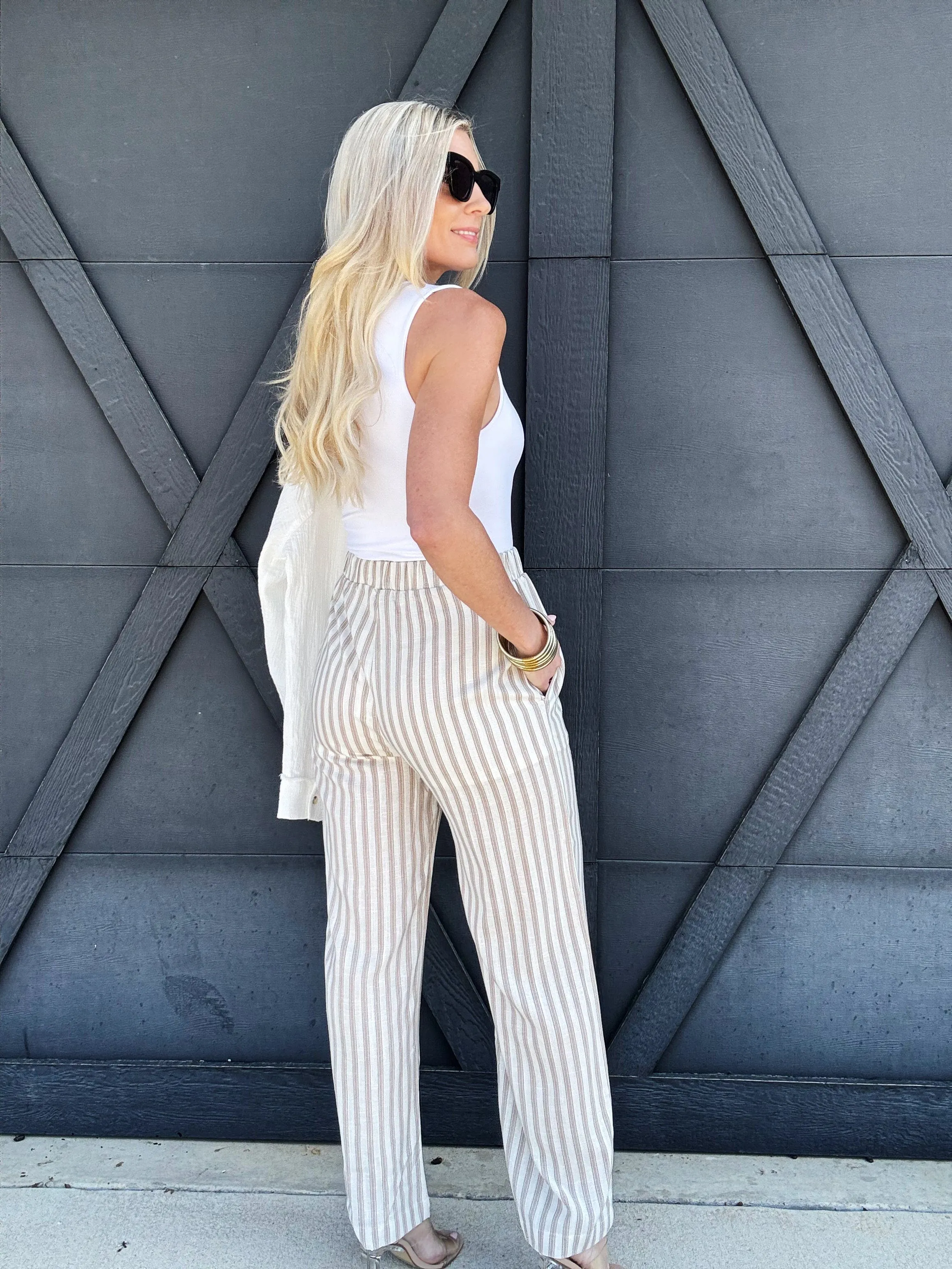 Stripe Wide Leg Pants In Khaki