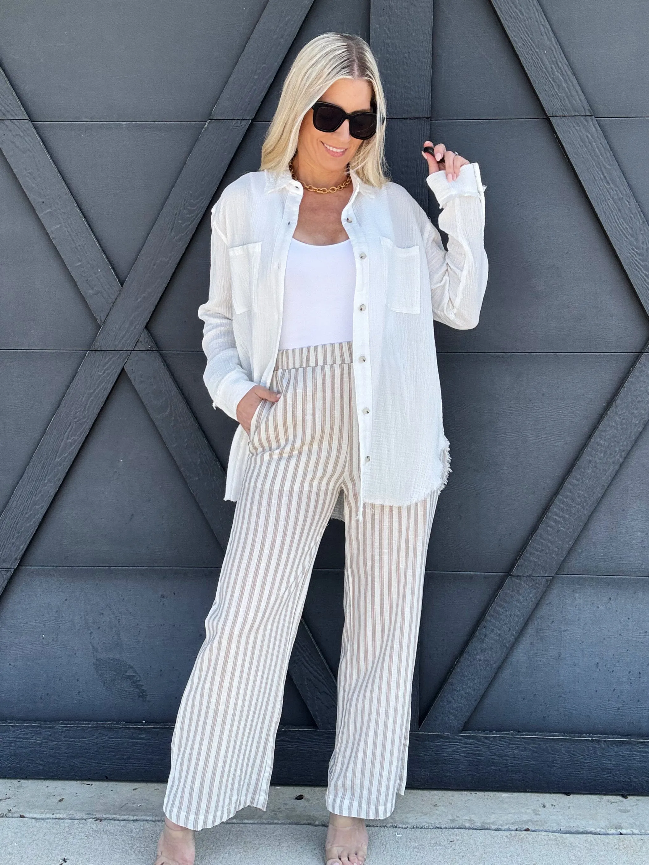 Stripe Wide Leg Pants In Khaki