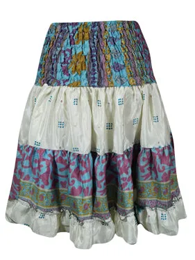 Summer Ruched Skirt Purple, White Floral Beach Recycle Silk Skirts S/M