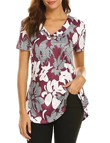 Sweetnight Women Floral Print V Neck Button Decor Peasant Summer Swing Tunic Tops Shirts at Amazon Womenâs Clothing store: