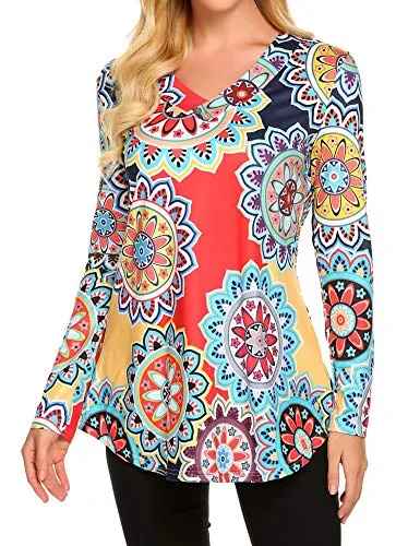 Sweetnight Women Floral Print V Neck Button Decor Peasant Summer Swing Tunic Tops Shirts at Amazon Womenâs Clothing store: