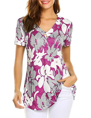 Sweetnight Women Floral Print V Neck Button Decor Peasant Summer Swing Tunic Tops Shirts at Amazon Womenâs Clothing store: