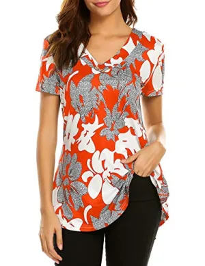 Sweetnight Women Floral Print V Neck Button Decor Peasant Summer Swing Tunic Tops Shirts at Amazon Womenâs Clothing store: