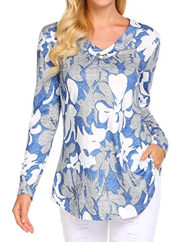 Sweetnight Women Floral Print V Neck Button Decor Peasant Summer Swing Tunic Tops Shirts at Amazon Womenâs Clothing store: