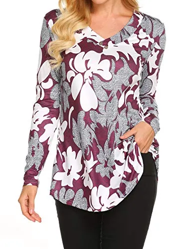 Sweetnight Women Floral Print V Neck Button Decor Peasant Summer Swing Tunic Tops Shirts at Amazon Womenâs Clothing store: