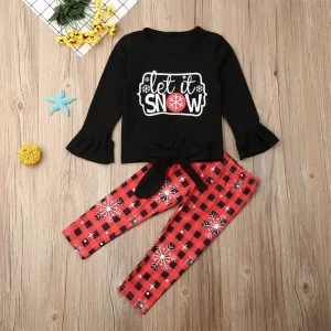 Toddler Girls Letter Print Bow Long Sleeve Top & Plaid Pants Wholesale