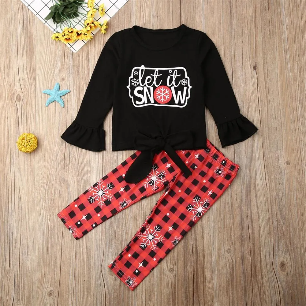 Toddler Girls Letter Print Bow Long Sleeve Top & Plaid Pants Wholesale