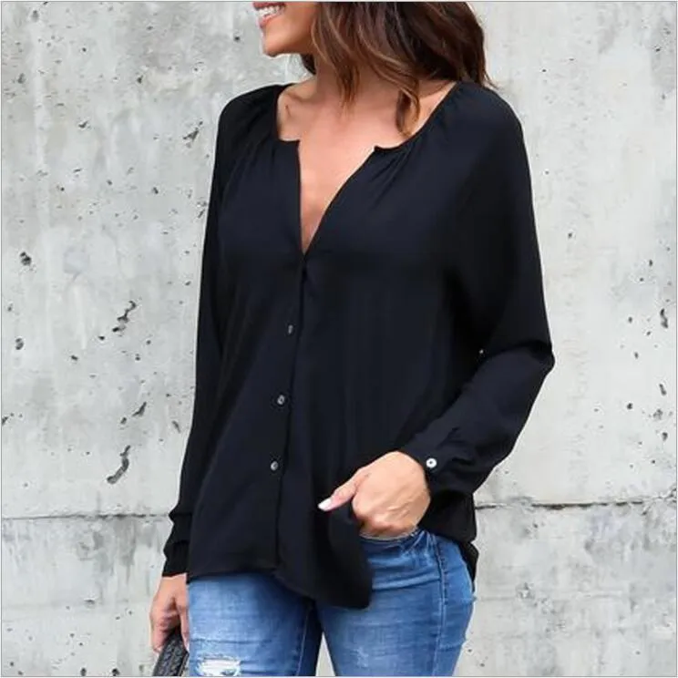 V-neck Loose Button Pure Color Long Sleeves Blouse