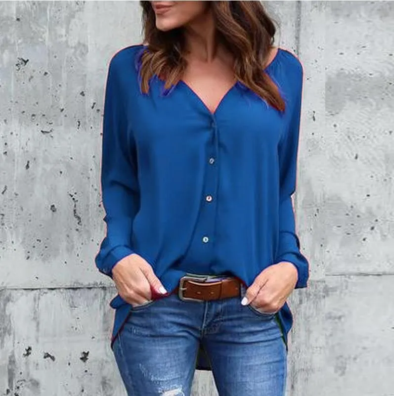 V-neck Loose Button Pure Color Long Sleeves Blouse