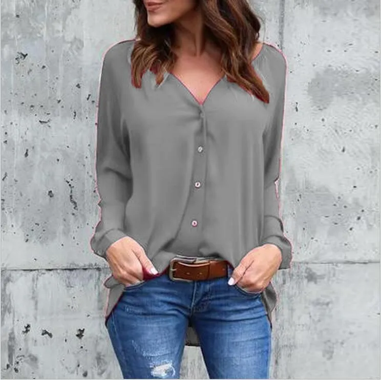 V-neck Loose Button Pure Color Long Sleeves Blouse