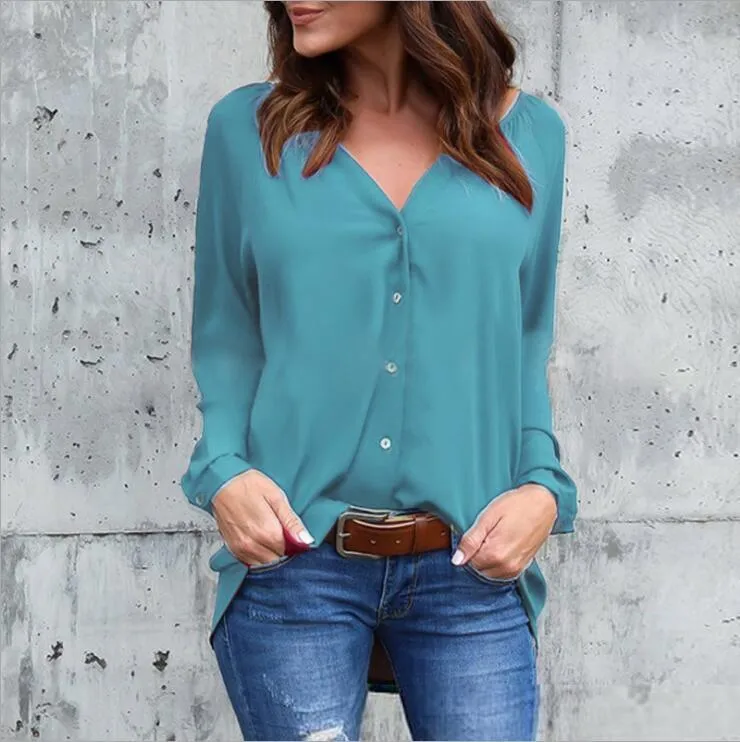 V-neck Loose Button Pure Color Long Sleeves Blouse