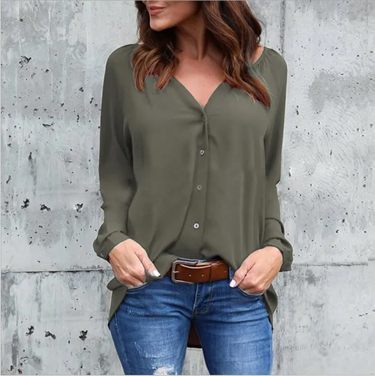 V-neck Loose Button Pure Color Long Sleeves Blouse
