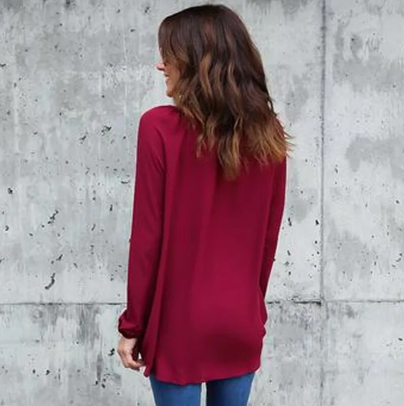 V-neck Loose Button Pure Color Long Sleeves Blouse