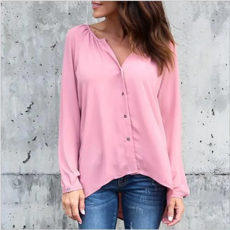 V-neck Loose Button Pure Color Long Sleeves Blouse