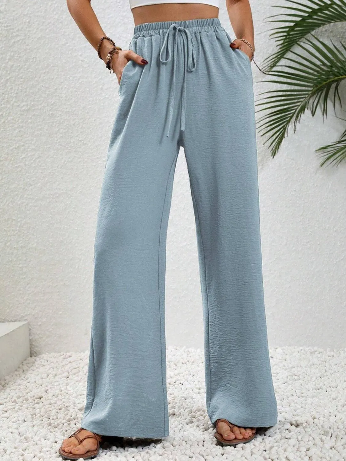 Vacay Ready Drawstring High Waist Wide Leg Pants