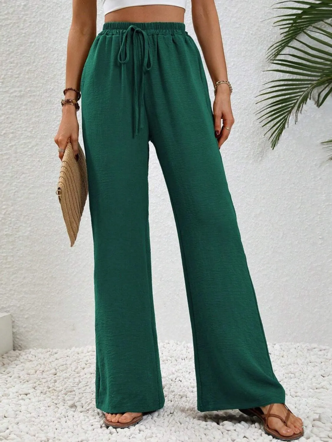 Vacay Ready Drawstring High Waist Wide Leg Pants