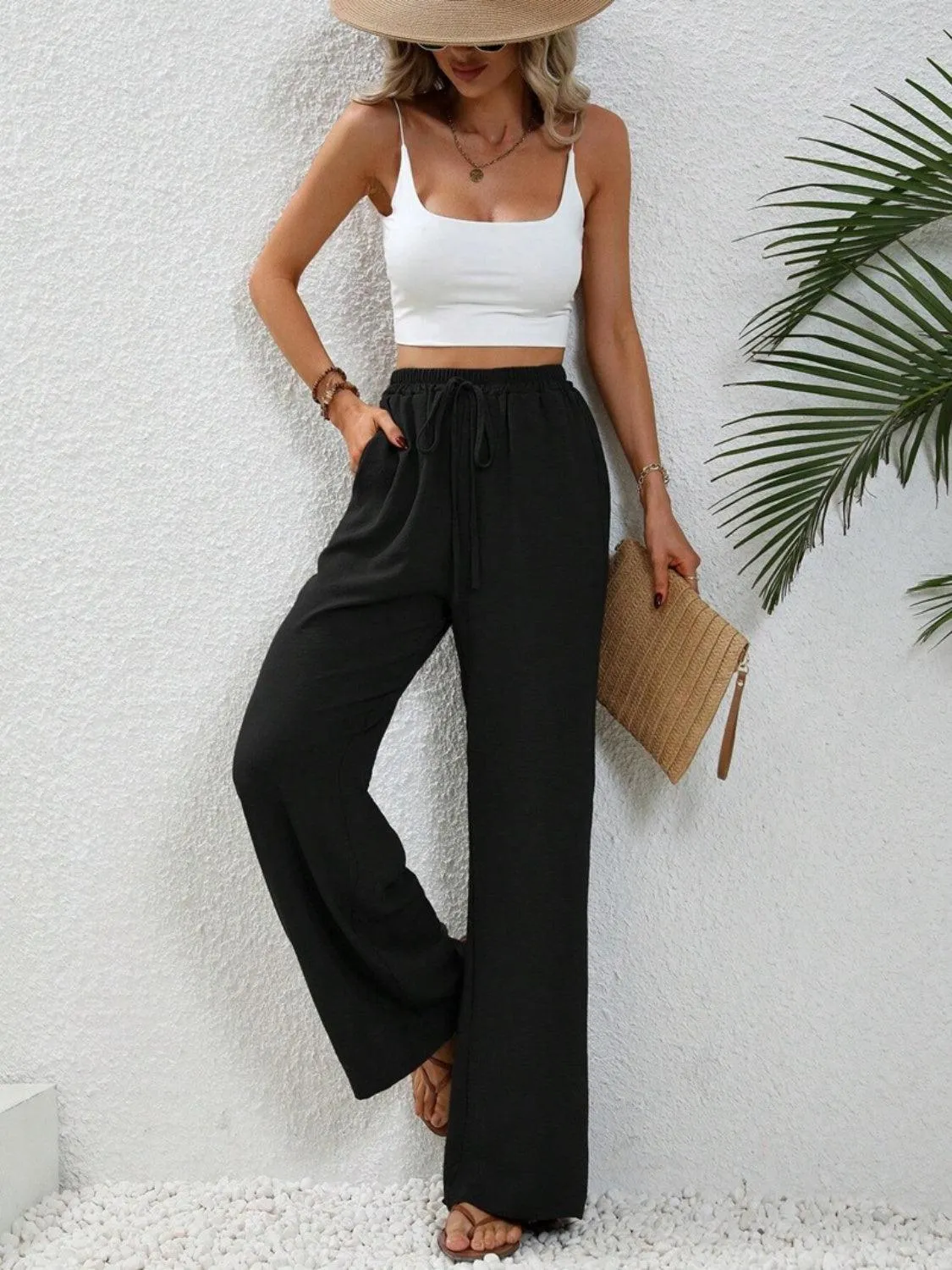 Vacay Ready Drawstring High Waist Wide Leg Pants