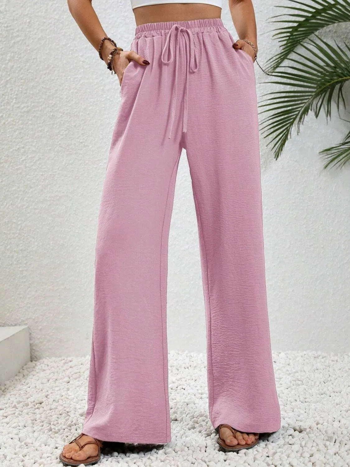 Vacay Ready Drawstring High Waist Wide Leg Pants