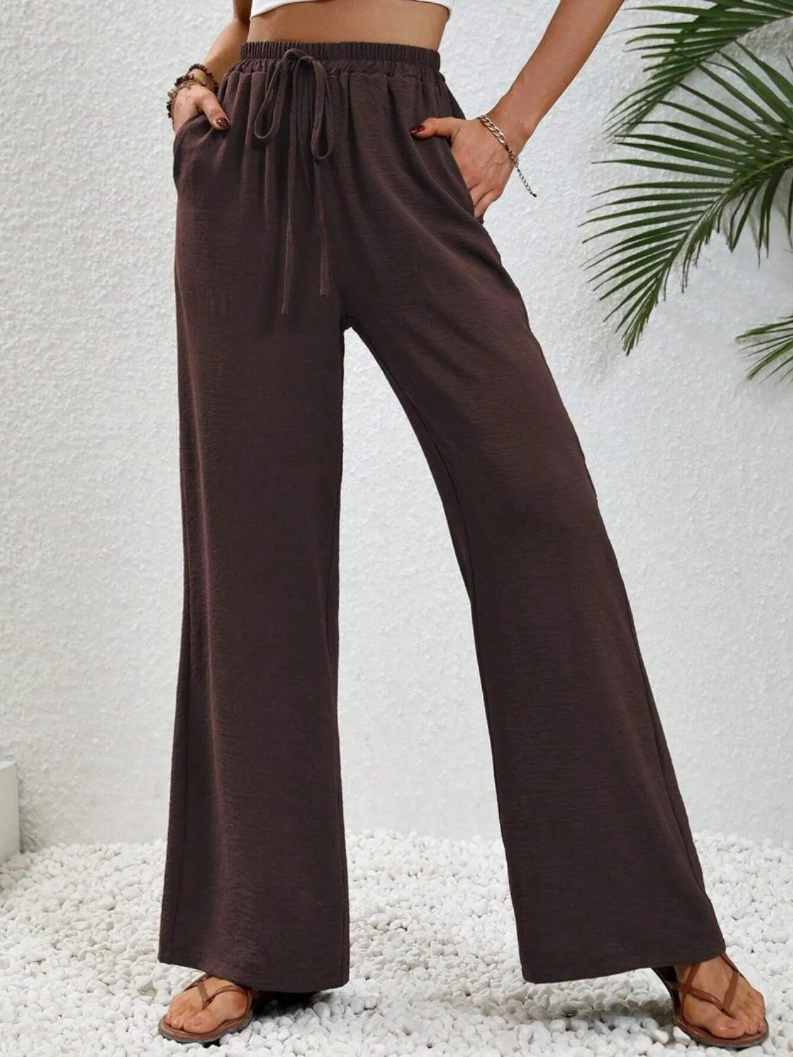 Vacay Ready Drawstring High Waist Wide Leg Pants