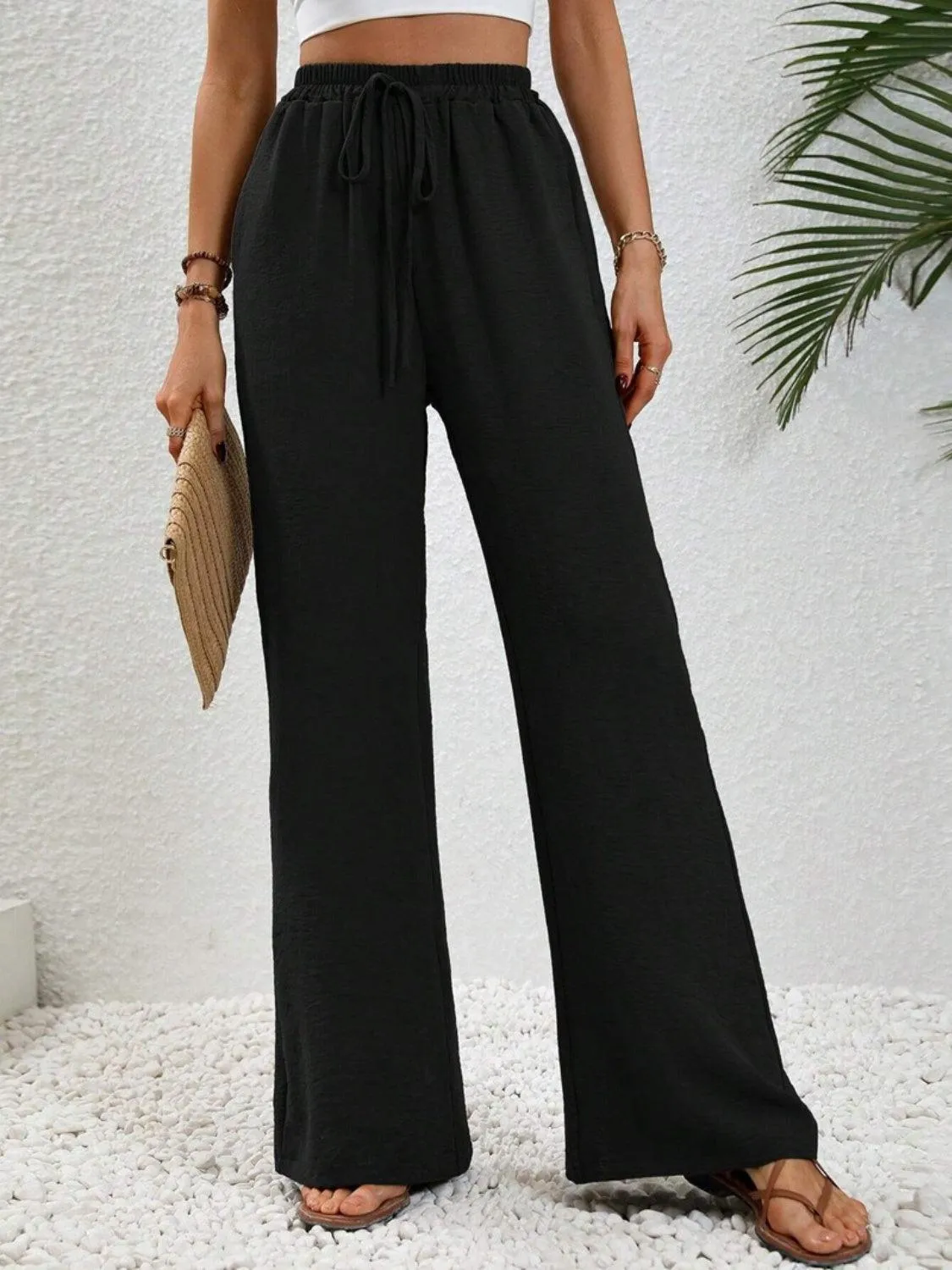 Vacay Ready Drawstring High Waist Wide Leg Pants