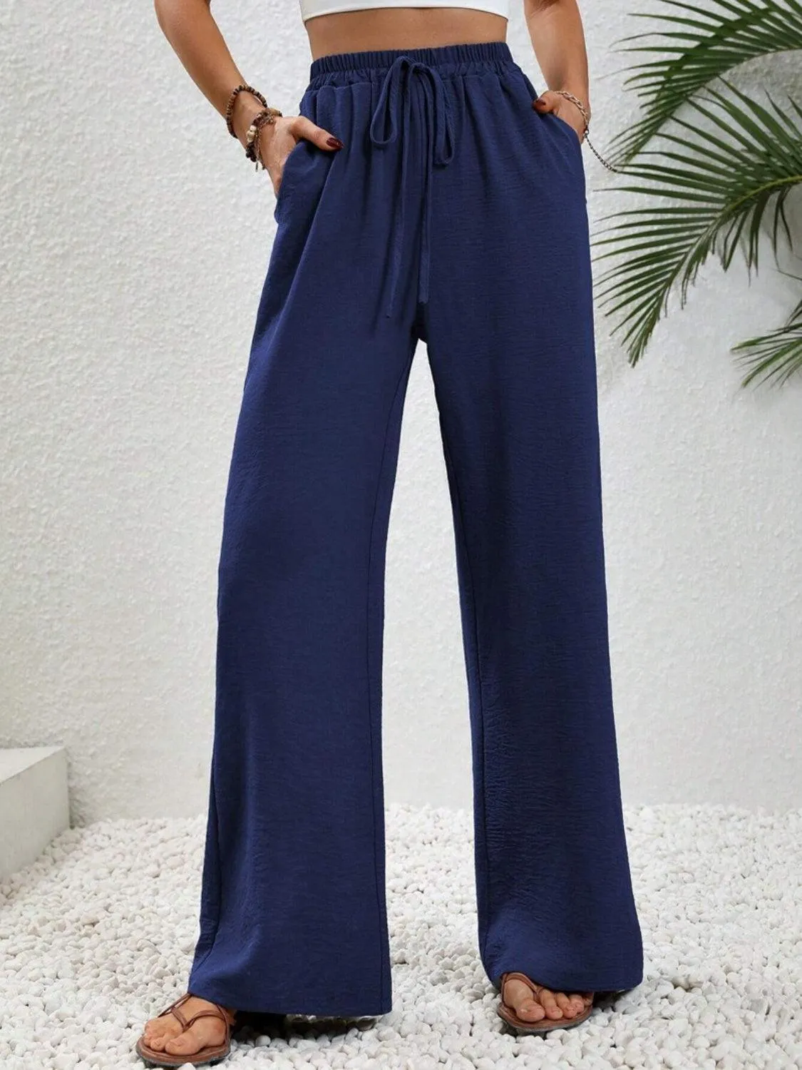 Vacay Ready Drawstring High Waist Wide Leg Pants