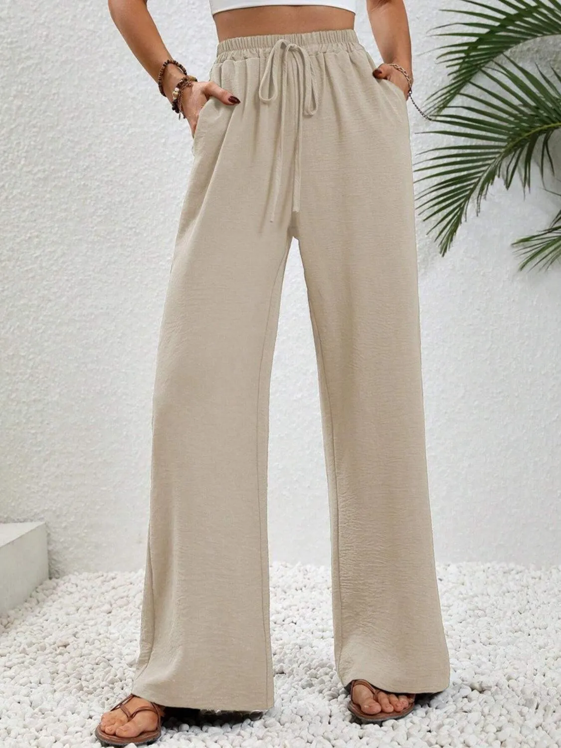 Vacay Ready Drawstring High Waist Wide Leg Pants