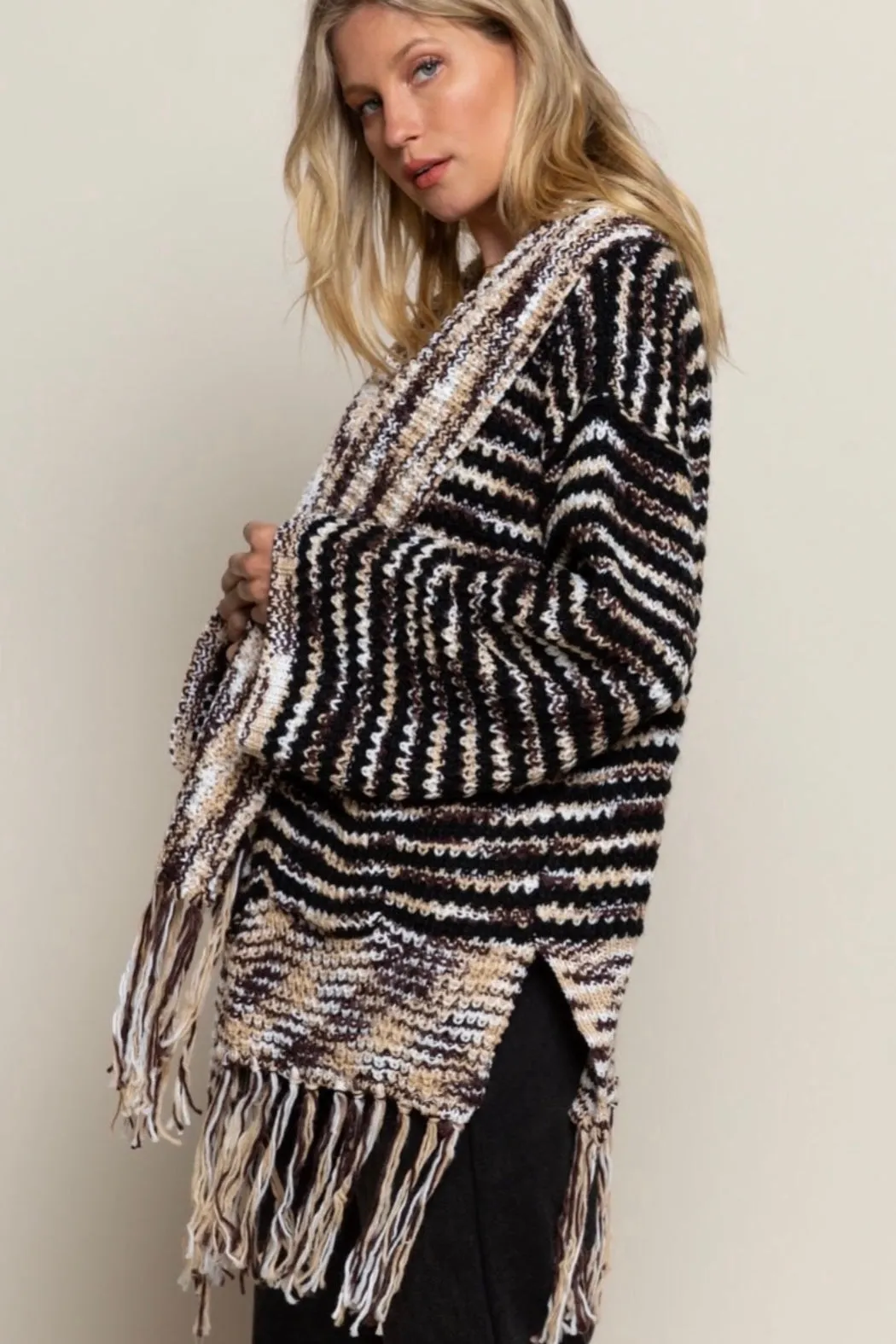 Wintered Woods Neutral Striped Cardigan with Tassel Fringe