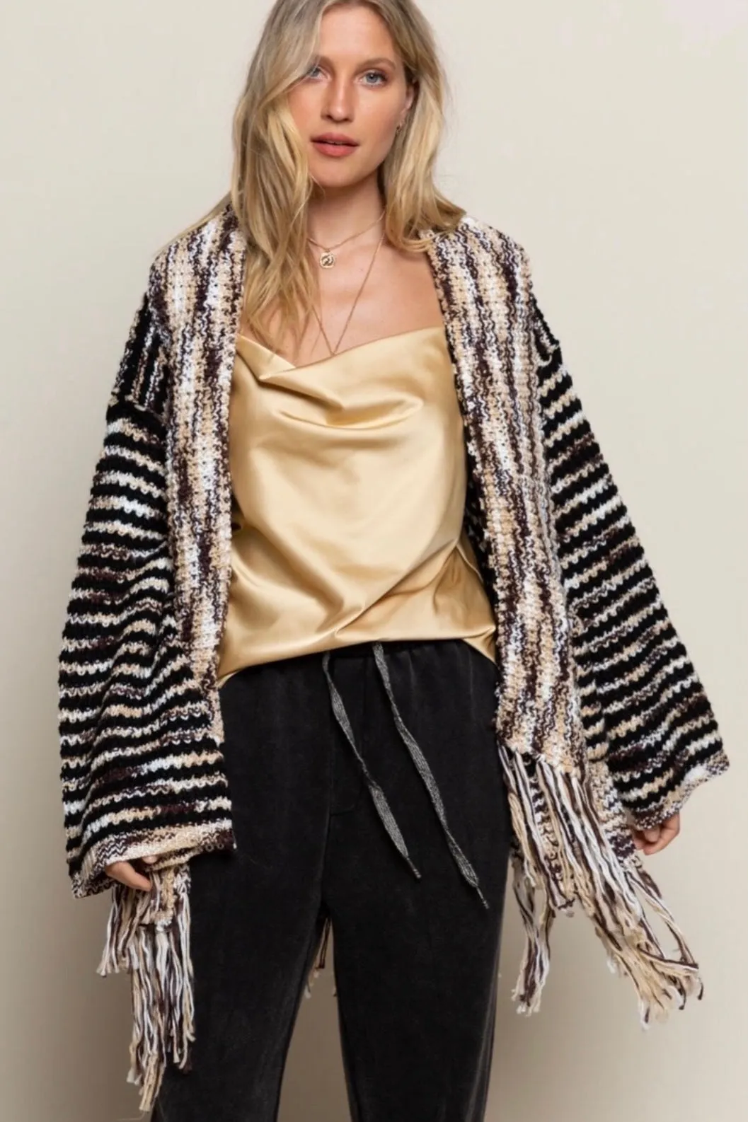 Wintered Woods Neutral Striped Cardigan with Tassel Fringe