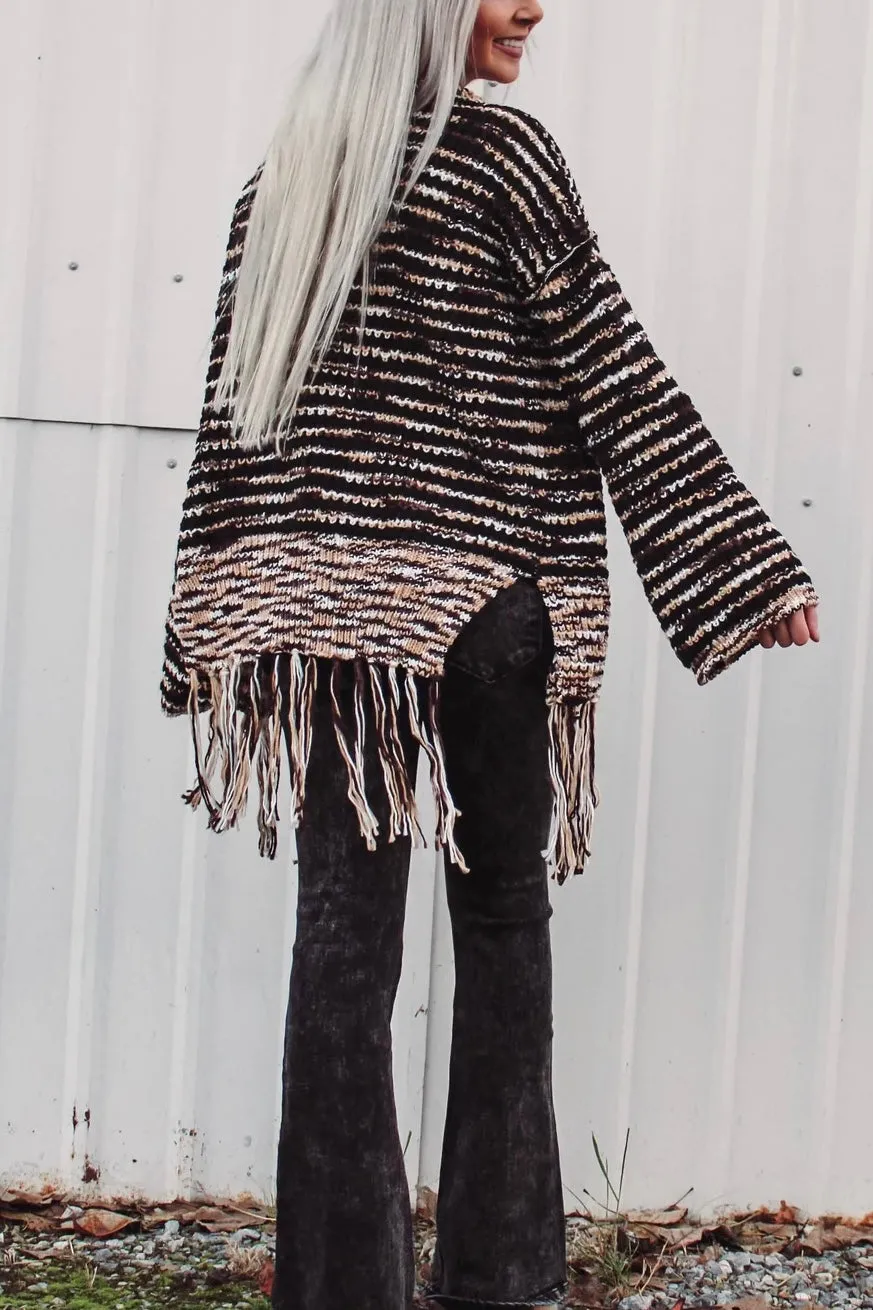 Wintered Woods Neutral Striped Cardigan with Tassel Fringe