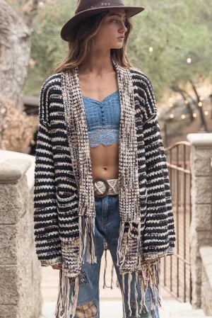 Wintered Woods Neutral Striped Cardigan with Tassel Fringe