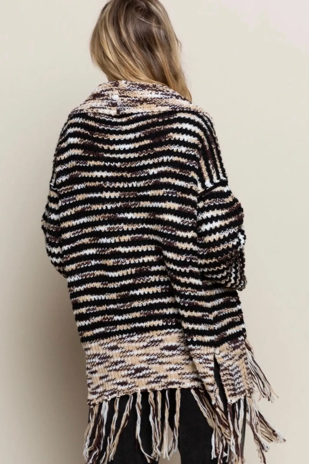 Wintered Woods Neutral Striped Cardigan with Tassel Fringe