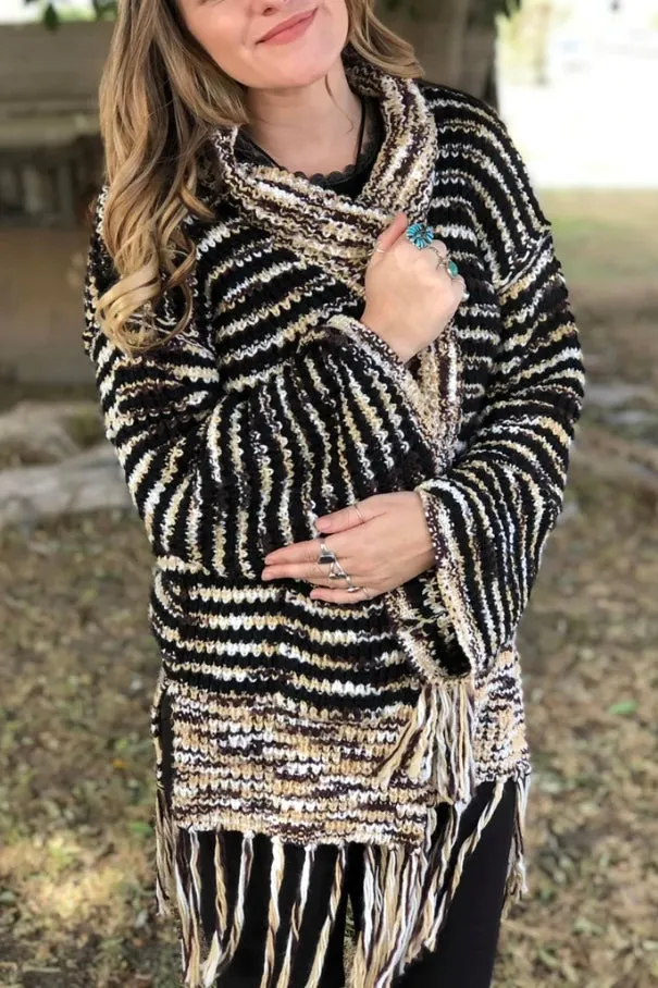 Wintered Woods Neutral Striped Cardigan with Tassel Fringe