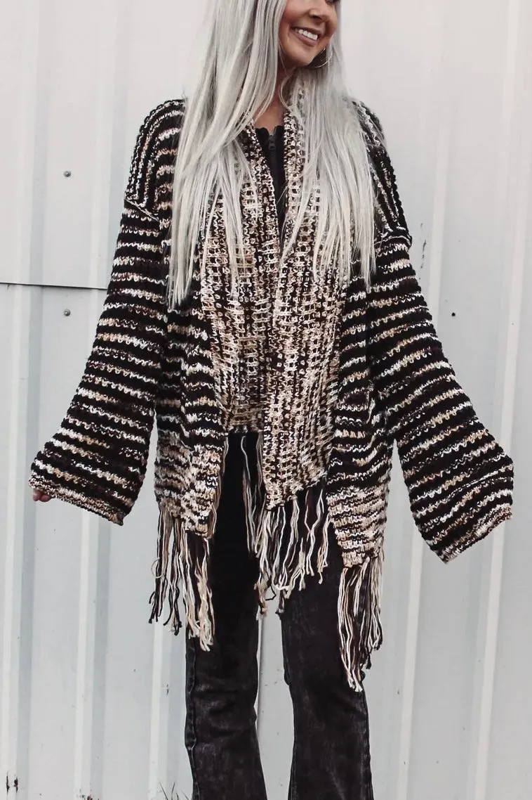 Wintered Woods Neutral Striped Cardigan with Tassel Fringe
