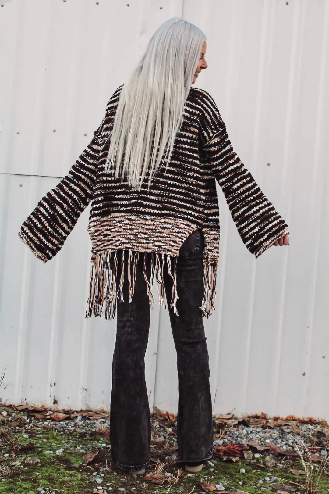 Wintered Woods Neutral Striped Cardigan with Tassel Fringe