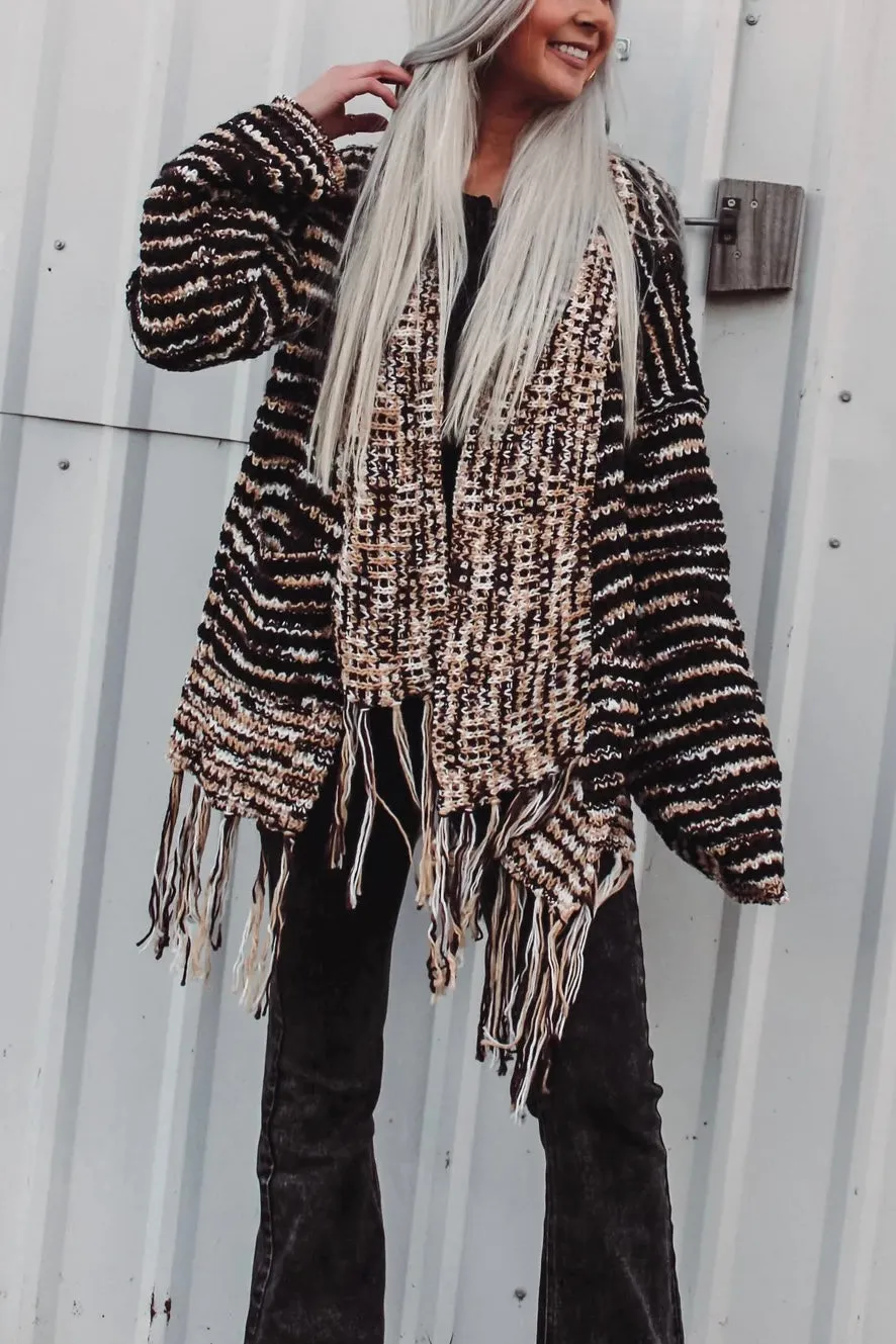 Wintered Woods Neutral Striped Cardigan with Tassel Fringe