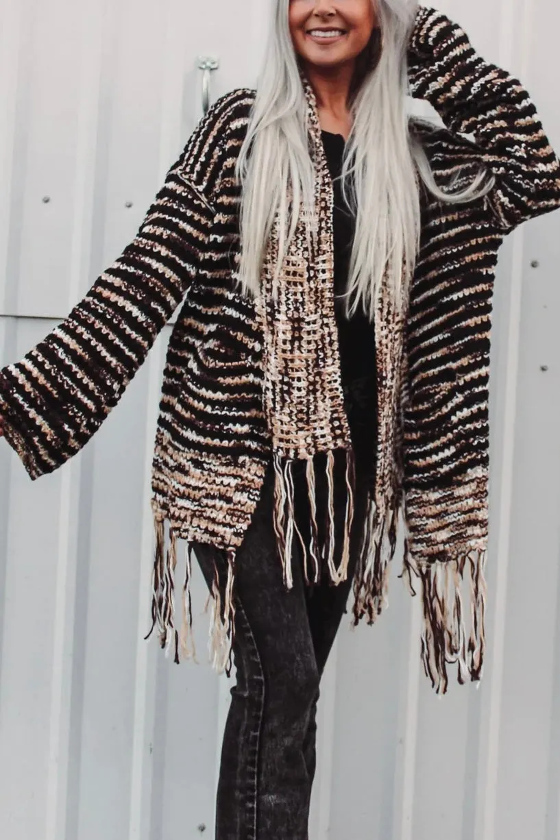 Wintered Woods Neutral Striped Cardigan with Tassel Fringe