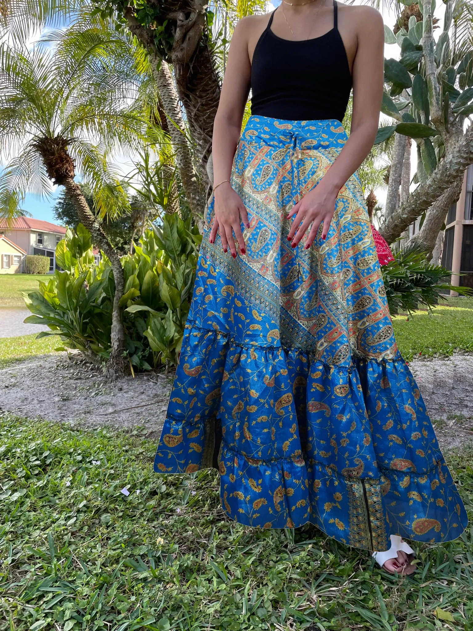 Woman's Maxi Skirt Lapis Blue Floral Maxi Skirt Tiered Stylish Boho Skirt ML