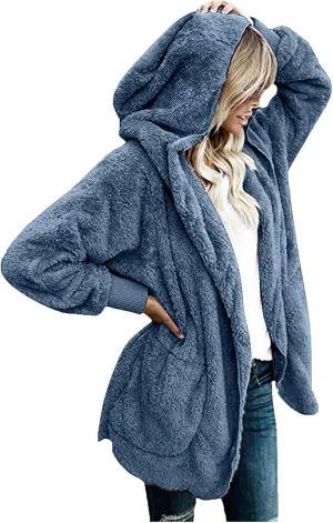 Women Hooded Cardigan Solid Oversized Open Front Hoodies Fleece Fuzzy Jacket 2024 Winter Warm Sherpa Coat With Pocket