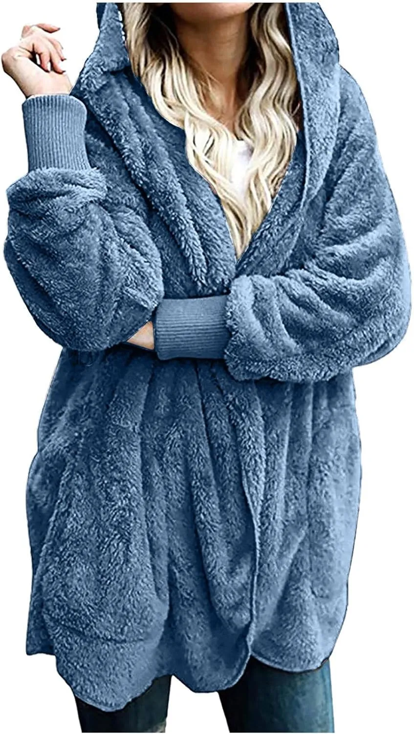 Women Hooded Cardigan Solid Oversized Open Front Hoodies Fleece Fuzzy Jacket 2024 Winter Warm Sherpa Coat With Pocket