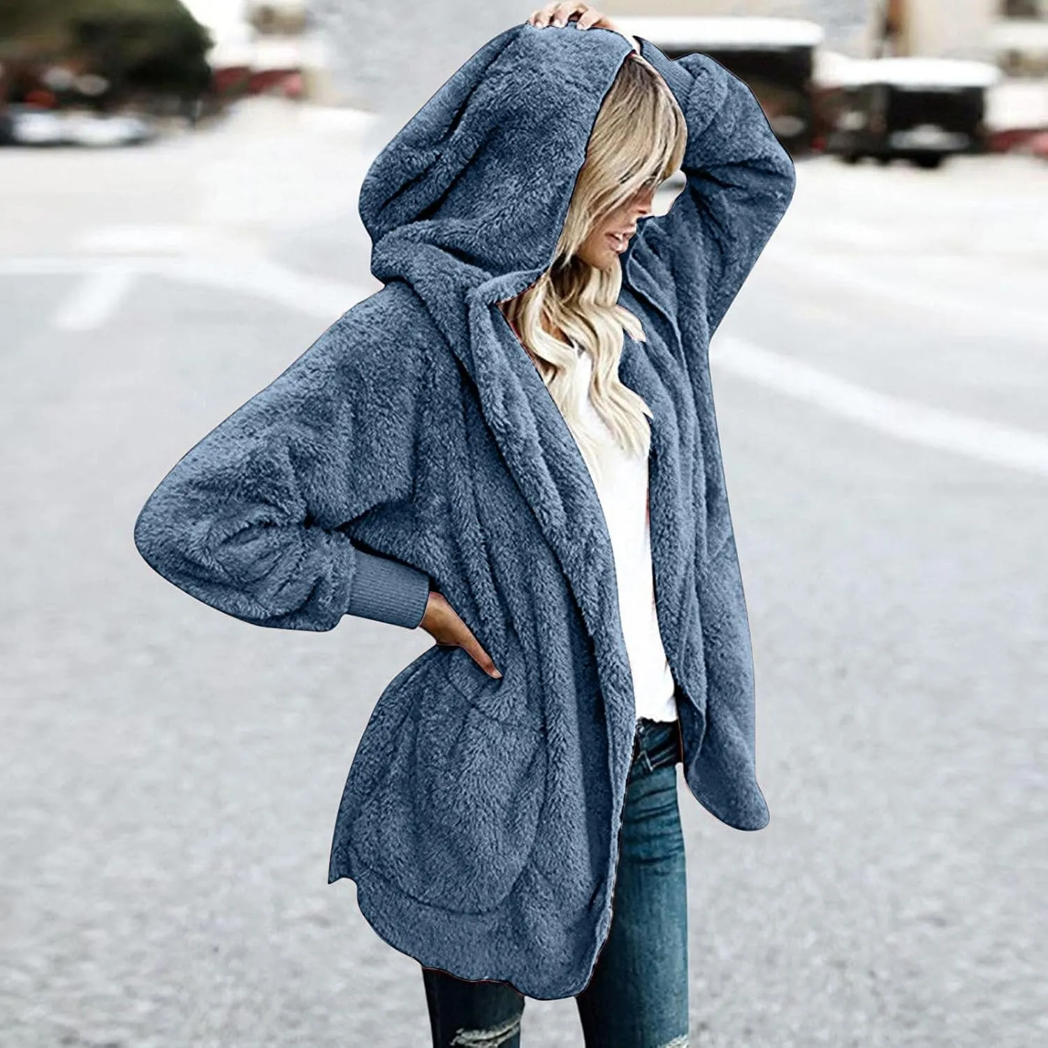 Women Hooded Cardigan Solid Oversized Open Front Hoodies Fleece Fuzzy Jacket 2024 Winter Warm Sherpa Coat With Pocket