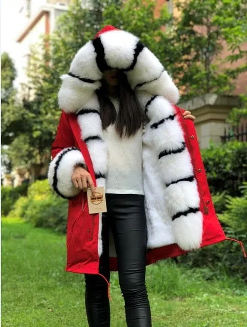 Women Jacket Parka Fashion Real Fox W/Fur Rabbit Lining